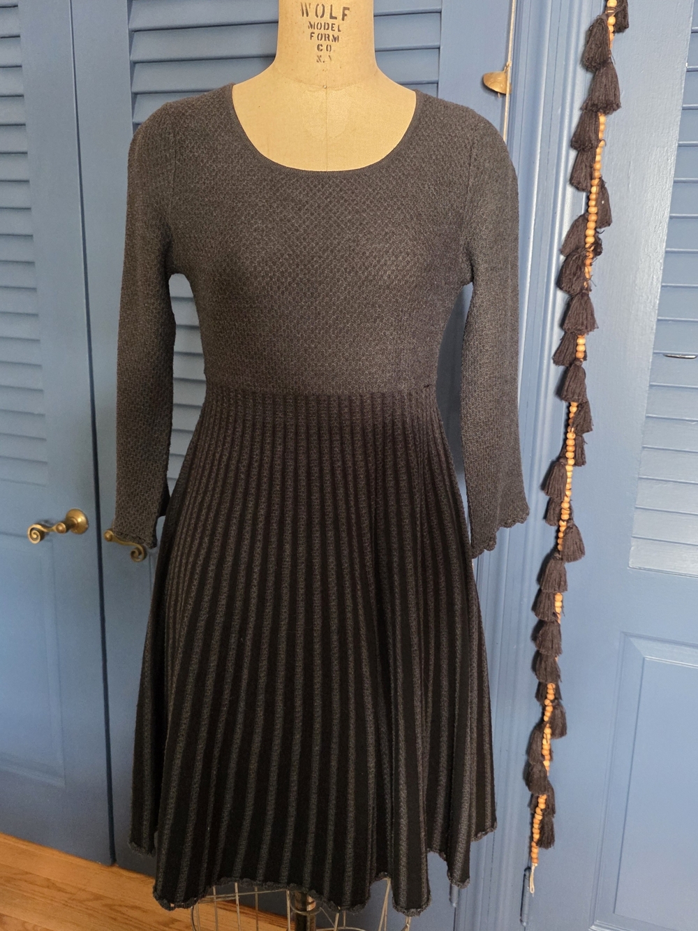 Dana Buchman Charcoal Long-Sleeve Pleated Knit Dress
